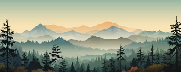Rolgordijnen Beautiful panoramic mountain landscape. Stunning mountains in the fog with amazing silhouettes of forests and trees. Wonderful landscape to print. Vector illustration for postcard, poster, banner. © LoveSan
