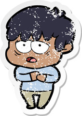 distressed sticker of a cartoon exhausted boy