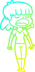 cold gradient line drawing of a cartoon woman talking loudly