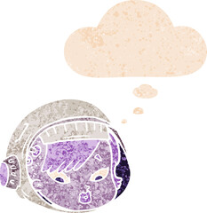 cartoon astronaut face with thought bubble in grunge distressed retro textured style