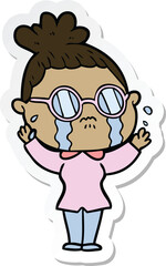 sticker of a cartoon crying woman wearing spectacles
