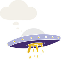 cartoon flying UFO with thought bubble in retro style