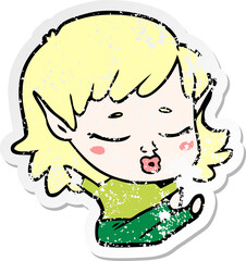 distressed sticker of a pretty cartoon elf girl sitting