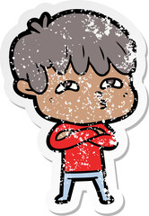 distressed sticker of a cartoon curious man
