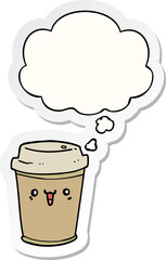 cartoon take out coffee with thought bubble as a printed sticker