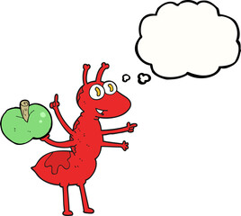 freehand drawn thought bubble cartoon ant with apple