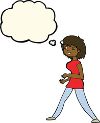 cartoon woman walking with thought bubble