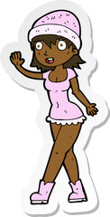 sticker of a cartoon pretty girl in hat waving