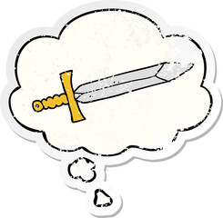 cartoon sword with thought bubble as a distressed worn sticker