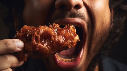 man eating a takeaway fried chicken wing from fast food cafe with a mouth and teeth close up - Powered by Adobe