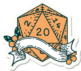 sticker of a natural twenty D20 dice roll