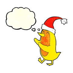 cartoon bird wearing xmas hat with thought bubble
