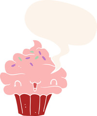 cute cartoon frosted cupcake with speech bubble in retro style