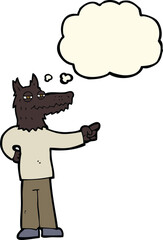 cartoon pointing wolf man with thought bubble