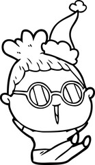 hand drawn line drawing of a woman wearing spectacles wearing santa hat
