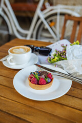 Breakfast time, Dessert with Raspberries and Coffee