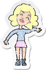 retro distressed sticker of a cartoon woman only joking