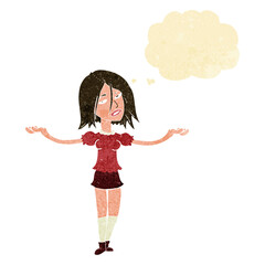 cartoon woman shrugging shoulders with thought bubble