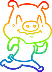 rainbow gradient line drawing of a nervous cartoon pig