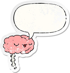 happy cartoon brain with speech bubble distressed distressed old sticker