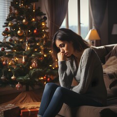 A solitary woman during Christmas, waiting for her beloved, capturing a mood of longing and holiday...