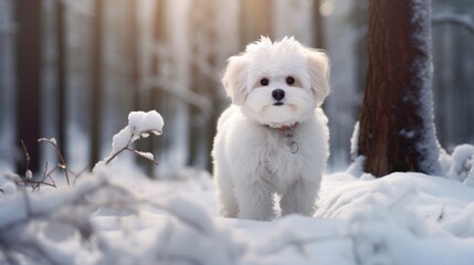 Bichon Frise taking a stroll in a snowy forest, creating a picturesque winter scene.