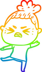 rainbow gradient line drawing of a cartoon angry woman
