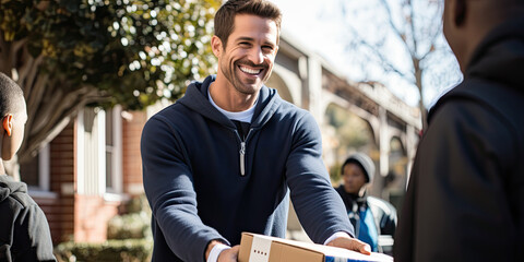 Smiling volunteers delivering happiness, unloading packages outdoors, exemplifying teamwork and cheerful service.