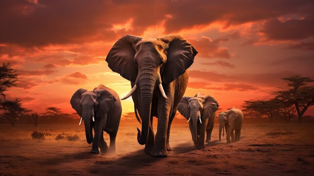 An incredible picture of african elephants at sunset.