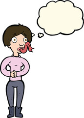 cartoon woman with snake tongue with thought bubble