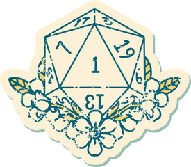 Retro Tattoo Style natural one dice roll with floral elements