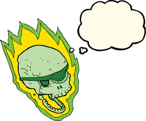cartoon flaming pirate skull with thought bubble