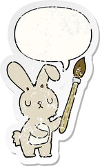 cartoon rabbit with paint brush with speech bubble distressed distressed old sticker
