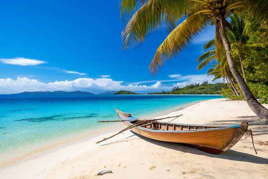 A canoe on the shore of a tropical island