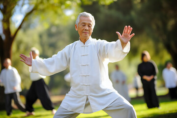 An old man in traditional costume practicing tai chi in the park