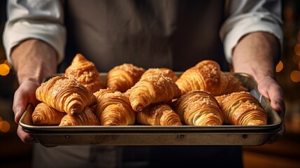 The baker is transporting the croissants that have been freshly baked to a metal tray to cool and is holding them by the sides. - obrazy, fototapety, plakaty