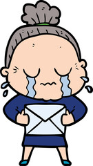 cartoon old woman crying with letter