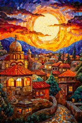 Stained glass representing an old European city