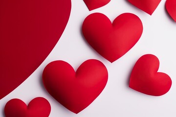 arrangement of paper red hearts  on white background with copy space