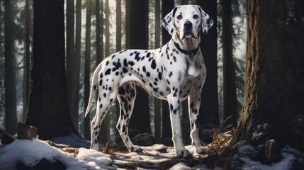 Dalmatian taking a stroll in a snowy forest, creating a picturesque winter scene.