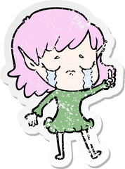 distressed sticker of a cartoon crying elf girl
