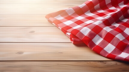 red picnic cloth on white table copy space.