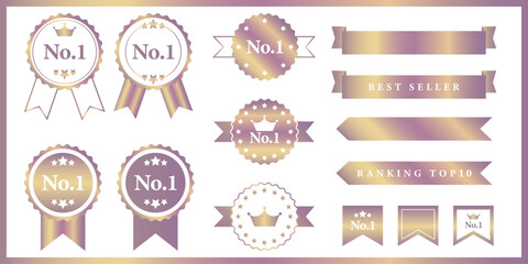 Set of vector stickers for discounts and promotions in shades of rose gold. Badges for business and best sellers and best products. Stars, ribbons, flags, crowns