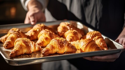 The baker is transporting the croissants that have been freshly baked to a metal tray to cool and is holding them by the sides.