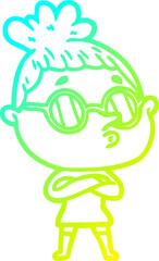 cold gradient line drawing of a cartoon woman wearing glasses