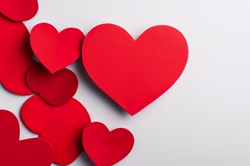 arrangement of paper red hearts  on white background with copy space