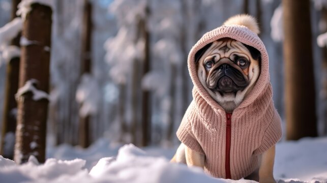 Pug taking a stroll in a snowy forest, creating a picturesque winter scene.