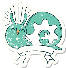worn old sticker of a tattoo style happy snail