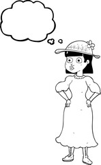 freehand drawn thought bubble cartoon woman in sensible dress