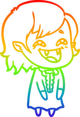 rainbow gradient line drawing of a cartoon laughing vampire girl